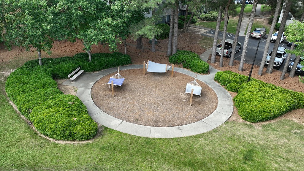 An aerial view of our hammock outdoor lounge area