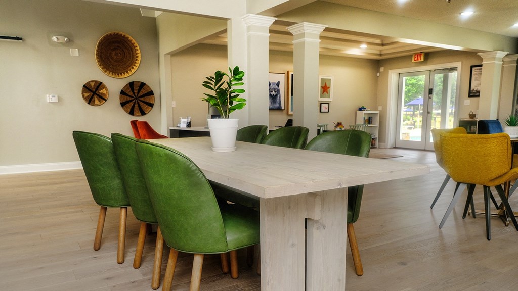 Leasing office lobby with modern seating and natural light