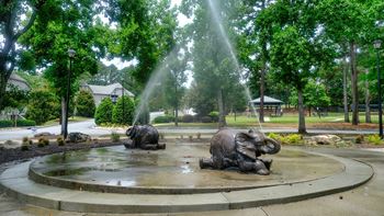 three elephants sitting in a fountain in a park