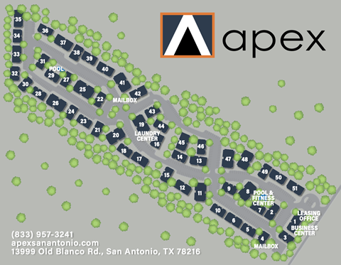 A map of a residential area with the name "apex" and a logo at the top.