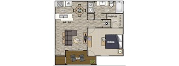 A floor plan of a house with a kitchen, dining room, living room, bedroom, and bathroom.