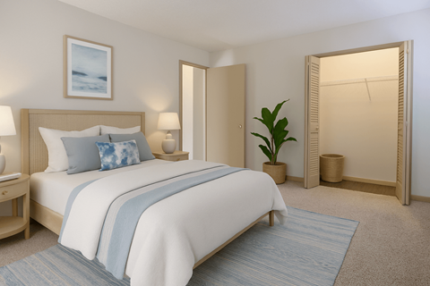 Townhomes for Rent in Duluth, GA - Amberlake Village - Bedroom With Neutral Bedding, Light Wood Furniture, Soft Blue Accents, Open Closet, And Wall Art Above Bed.