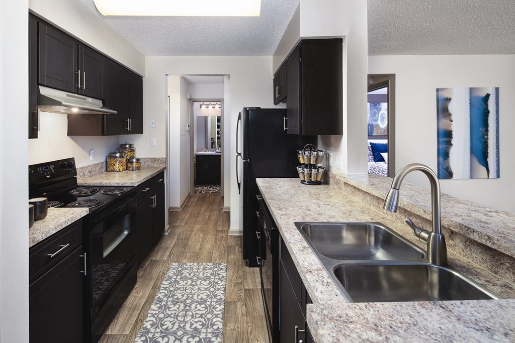 A kitchen with black cabinets and a patterned rug on the floor.