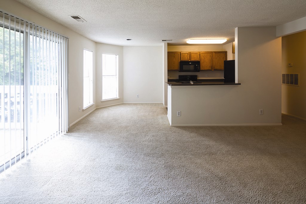 A living room with a carpet floor and a patio door
