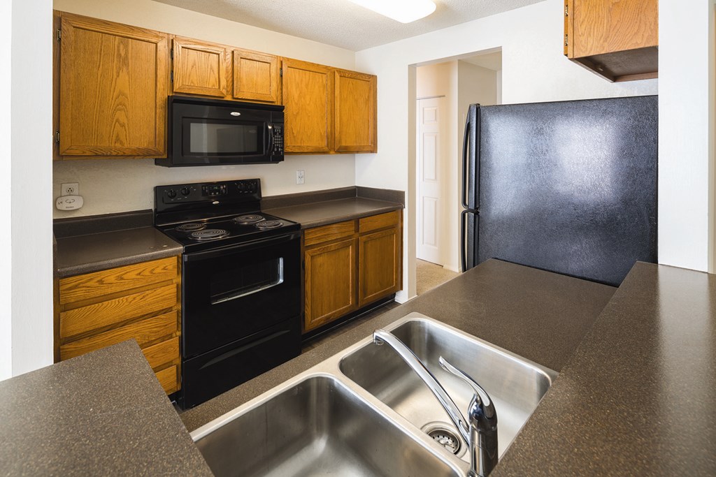 A kitchen with a black refrigerator and a black stove.