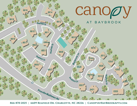 A map of the Canoe at Baybrook property with roads and buildings labeled.