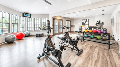 Apartments in Duluth, GA, with In-Unit Washer and Dryer - The Eclipse - Fitness Center With Stationary Bikes, Weight Racks, Exercise Balls, and Large Windows.