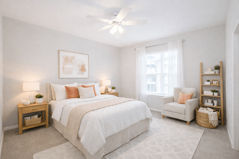 Converse, TX, Apartments With In-Unit Washer and Dryer - The Heights at Converse - Bedroom With White Bedding, Nightstands, Lamps, Ceiling Fan, Armchair, Bookshelf, and Large Window.