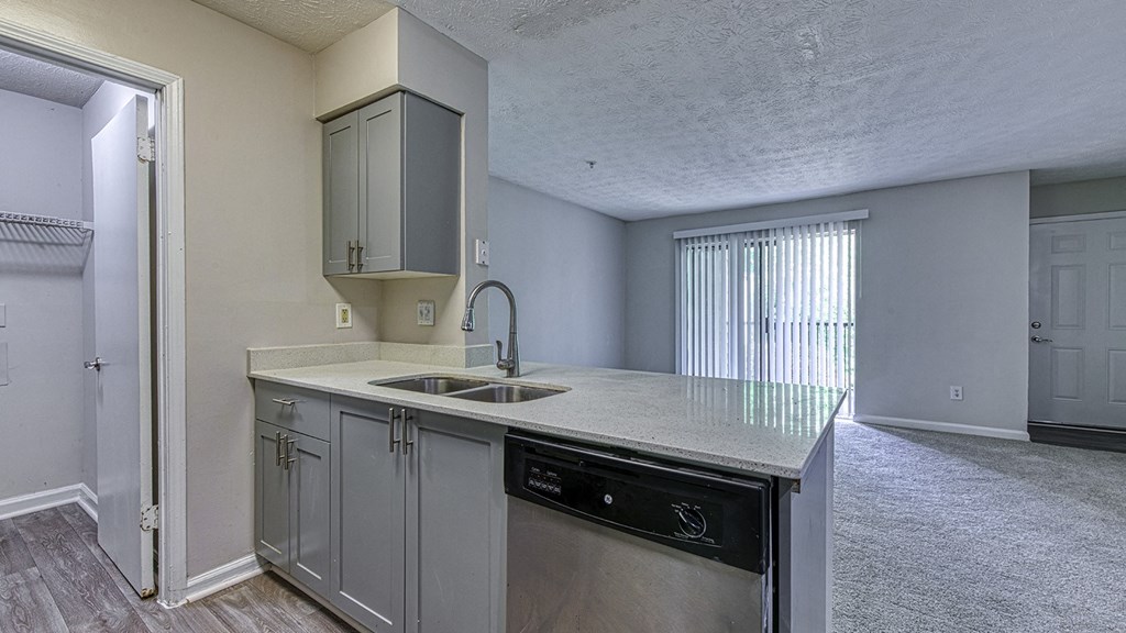 a kitchen at Wynnwood Vinings Atlanta with gray cabinets and a stainless steel dishwasher
