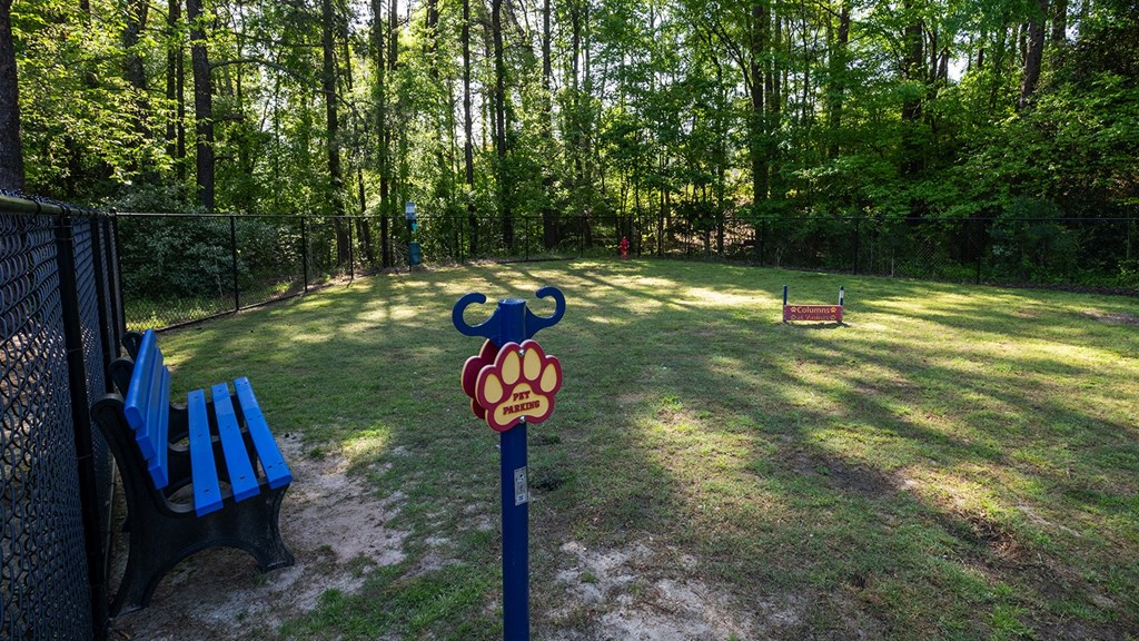 A bark park with a blue bench and a chain link fence Wynnwood Vinings