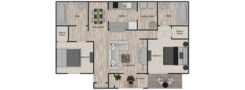 A floor plan of a house with a living room, two bedrooms, a kitchen, a dining room, a bathroom, a laundry room, a walk-in closet, and a sunroom.