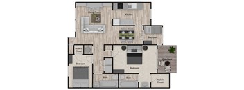 A floor plan of a house with a living room, kitchen, dining room, and multiple bedrooms.