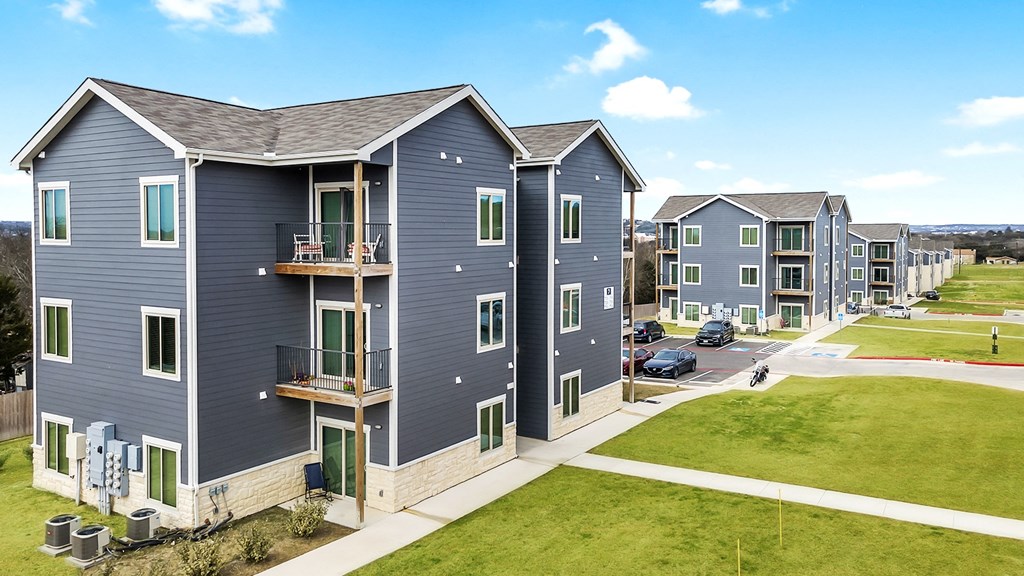 a row of houses with blue roofs and green grass