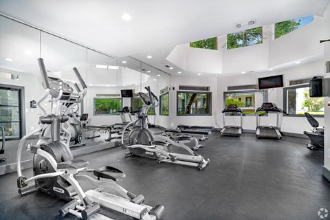 Churchill Estates, TX, Apartments Near San Antonio International Airport - Apex Apartments - Fitness Center With Elliptical Machines, Treadmills, Mirror Wall, Large Windows, and Black Flooring.
