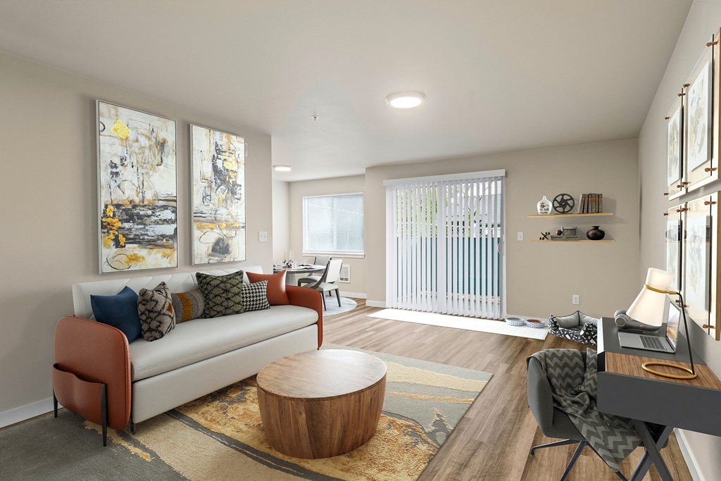 Apartments for Rent in Tukwila, WA - Foster Creek - Furnished Living Room with Wood-Style Flooring and Sliding Glass Door to Balcony