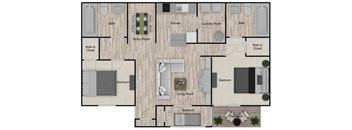 A floor plan of a house with a living room, dining room, kitchen, and multiple bedrooms.