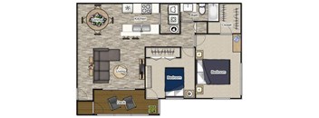 A floor plan of a house with a dining area, kitchen, living room, two bedrooms, a bathroom, and a closet.
