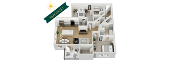 A floor plan of an apartment with a living room, kitchen, and two bedrooms.
