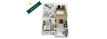 A floor plan of a small apartment with a kitchen, living room, and bathroom.
