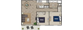 A floor plan of a house with a dining area, kitchen, bathroom, living room, two bedrooms, a closet, and a patio.
