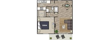 A floor plan of a house with a kitchen, dining area, bathroom, closet, bedroom, living room, and patio.