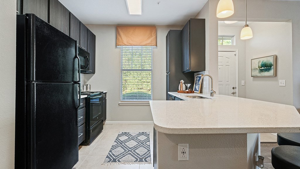 A black fridge in a kitchen with a white counter top.