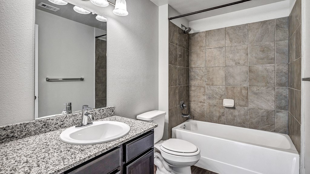 the preserve at ballantyne commons bathroom with tub sink toilet and mirror
