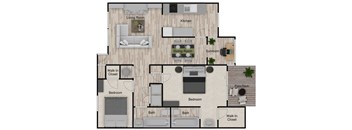 A floor plan of a house with a living room, kitchen, dining room, and multiple bedrooms and bathrooms.