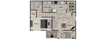 A floor plan of a house with a living room, dining room, kitchen, and bedrooms.