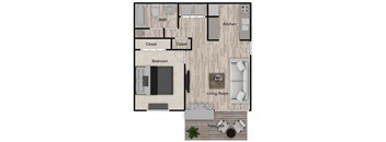 A floor plan of a house showing a living room, kitchen, two closets, a bath, a bedroom, and a patio/deck.