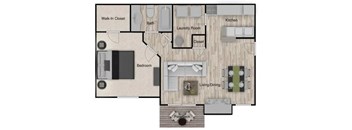 A floor plan of a house with a kitchen, living room, and bathroom.
