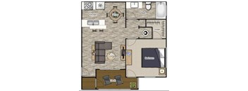 A floor plan of a house with a kitchen, dining room, living room, bedroom, and bathroom.