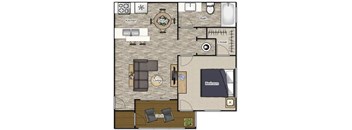 A floor plan of a house with a kitchen, dining area, living room, bedroom, bathroom, and closet.