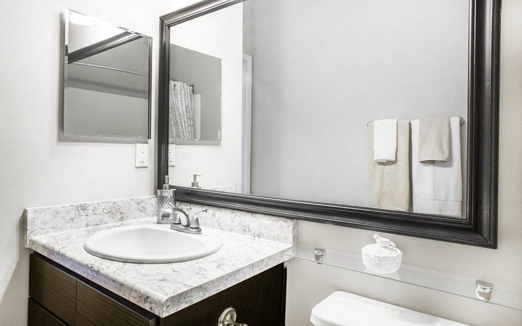 A bathroom with a marble countertop and a large mirror.
