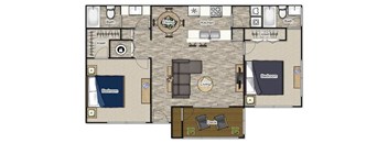 A floor plan of a house with a dining area in the middle.