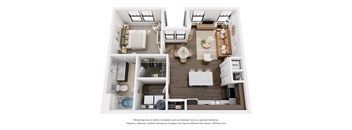 a 1 bedroom floorplan is shown in this rendering