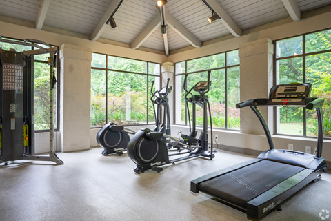 A spacious gym with treadmills, elliptical machines, and a weight rack.