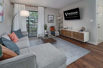 Veridian at Sandy Springs apartments interior living room with a couch and a coffee table