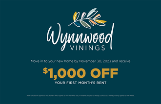 Move into your new Wynnwood apartment home by November 30 and receive 1,000 dollars off