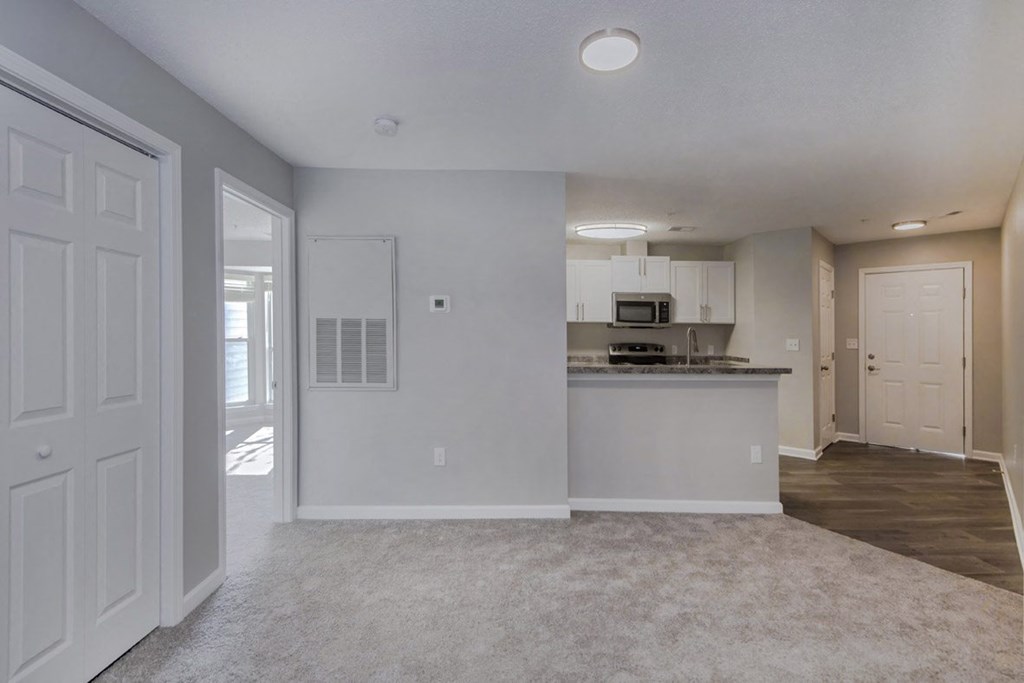 A spacious kitchen and living room with white walls and carpeted floors.