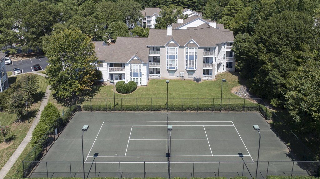 a tennis court arial view of Whitehall Estate apartments in Charlotte NC