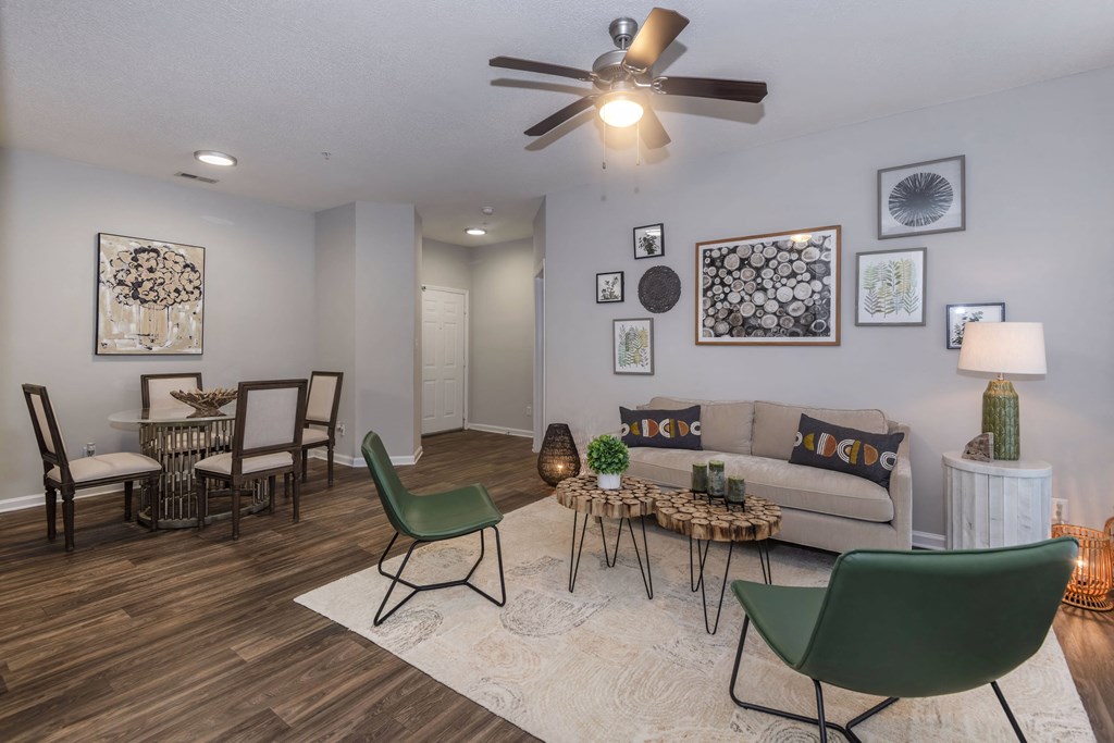 our apartments offer a living room with a sofa coffee table and dining table
