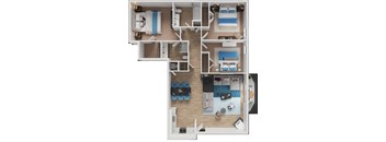 A detailed 3D floor plan of a small apartment layout.