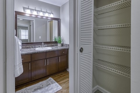 A bathroom with a large mirror, sink, and wooden cabinets.