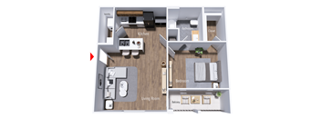 A floor plan of a small apartment with a living room, kitchen, bathroom, bedroom, and balcony.