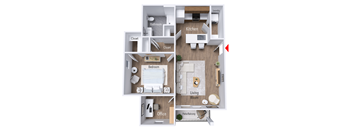 A floor plan of an apartment layout with labeled rooms.