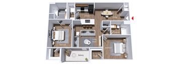 A floor plan of a house with labeled rooms such as Bedroom, Bathroom, Kitchen, Dining, Living Room, Balcony, and Closet.