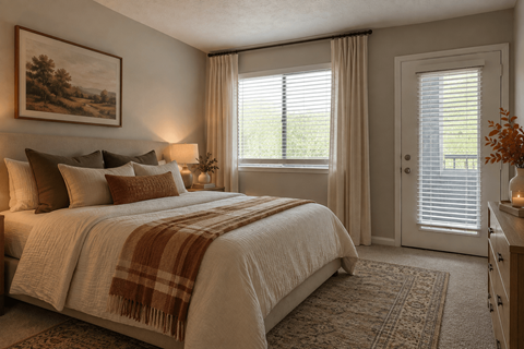 A cozy bedroom with a large bed and a painting on the wall.