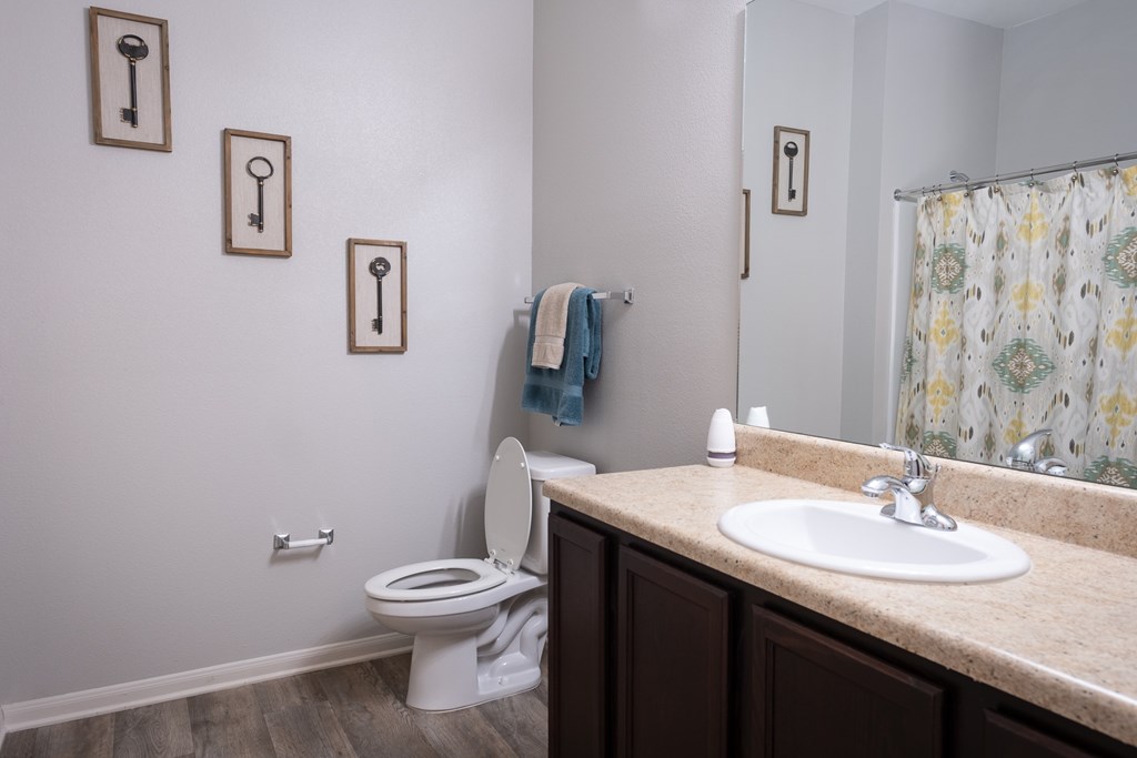 A bathroom with a toilet, sink, and shower curtain.