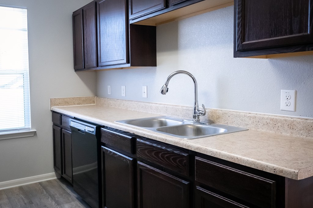 A kitchen with a sink and cabinets.